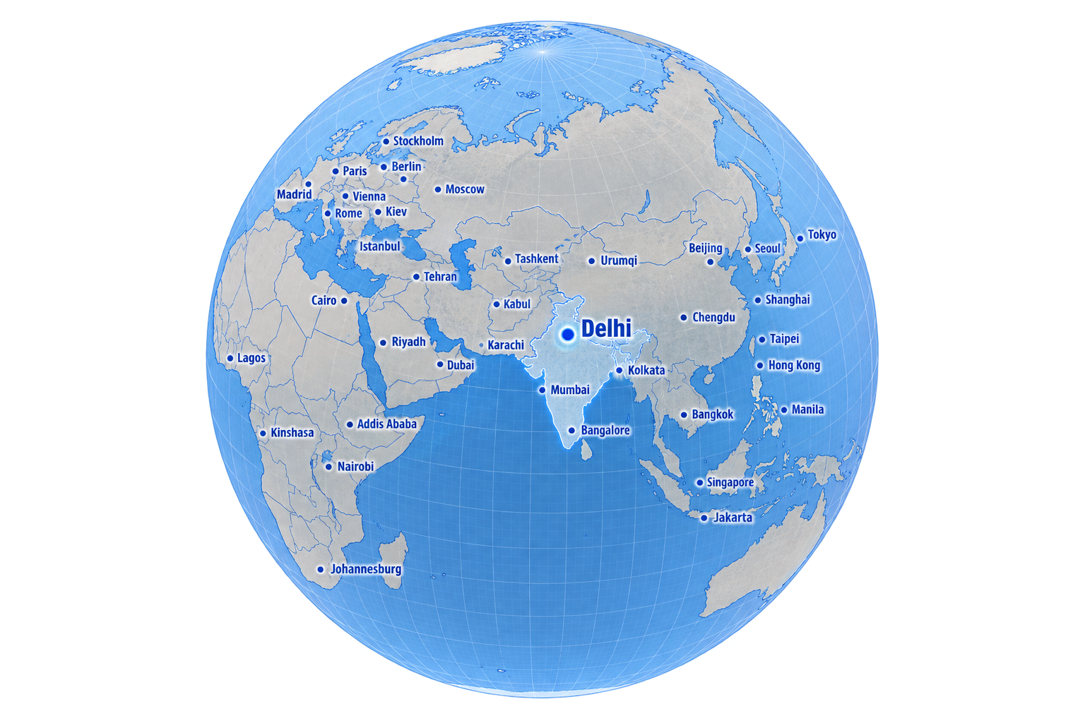 Globe highlighting Delhi, India